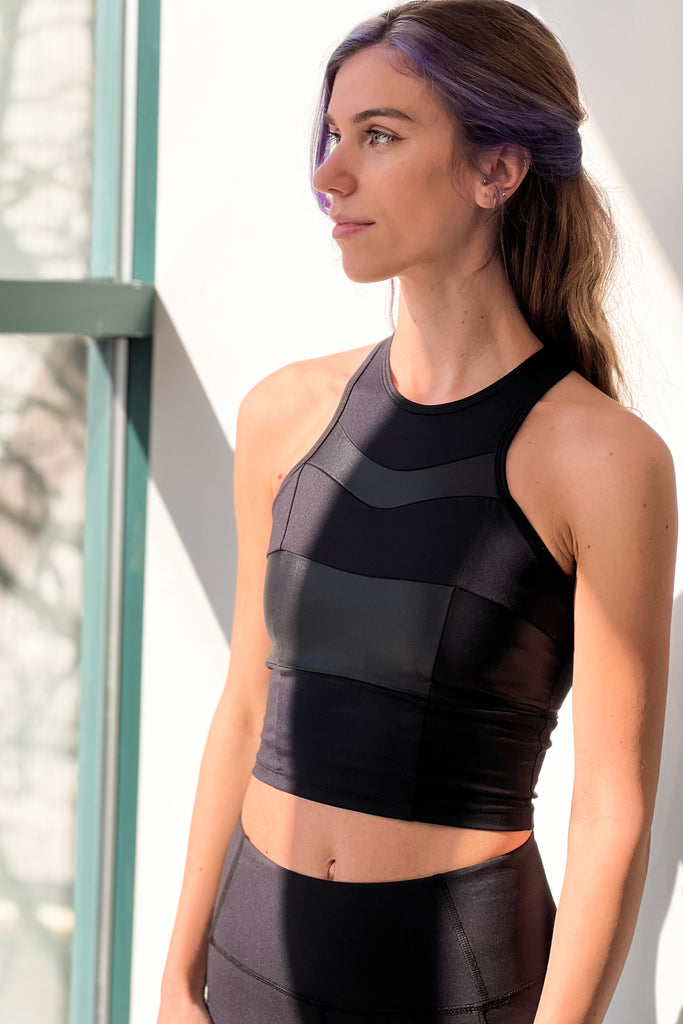 Sports Bra Featuring Stretchy Faux Leather With a Mesh Inset